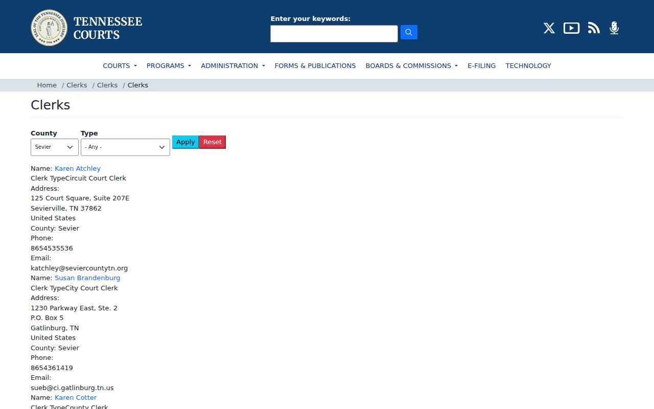 Sevier County warrant search clerk directory
