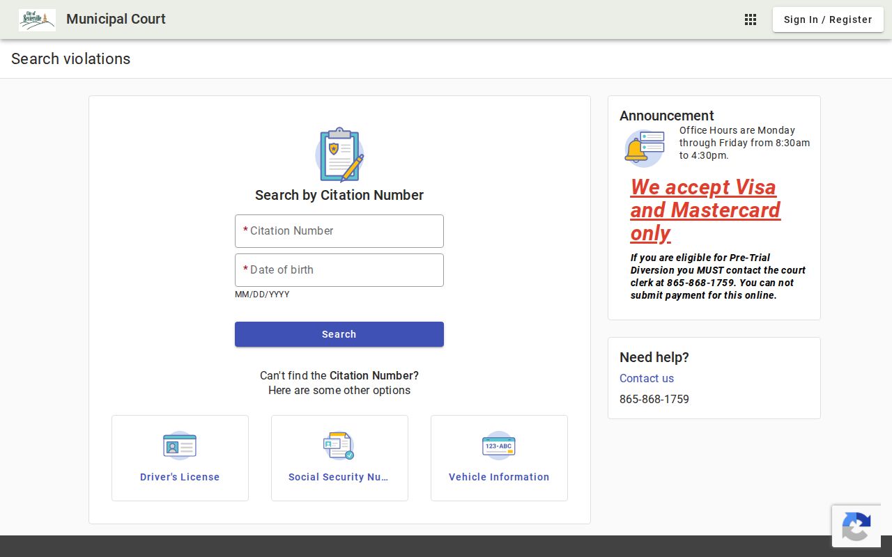 Sevierville warrant records portal showing citation search fields