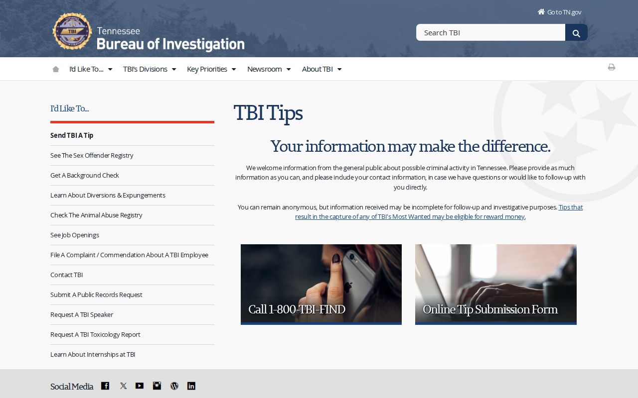 Sevier County warrant page: statewide TBI tip route, not a status search