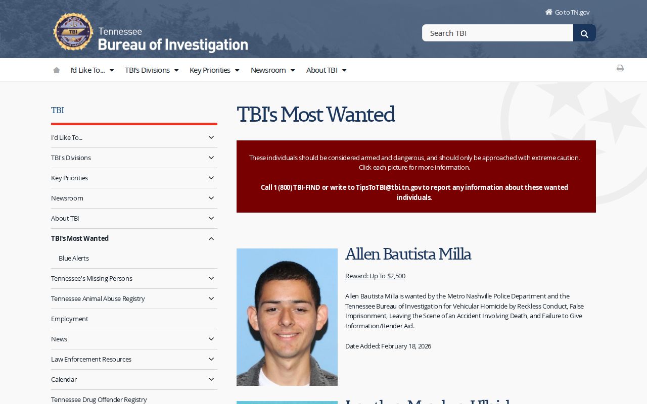 Sevier County warrant context: statewide TBI Most Wanted page, not a county warrant list