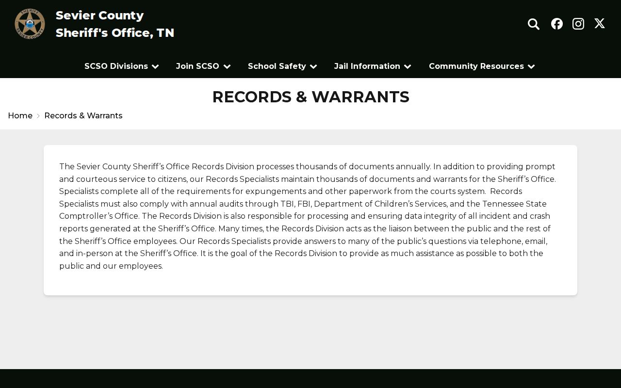 Sevier County warrant records official Sheriff Records and Warrants page